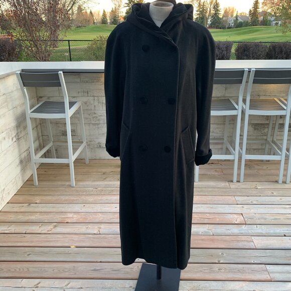 Vintage 90s Double Breasted Hooded Wool Velvet Trim Long Maxi Pea Coat Overcoat - Picture 5 of 15